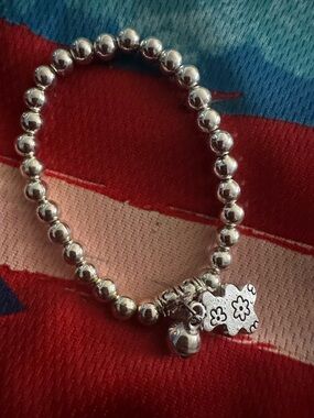 Silver Beaded Charm Bracelet with bears Floral Tag